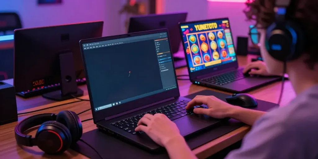 Engaging gaming environment featuring YUMETOTO online slot games on a laptop surrounded by gaming accessories.
