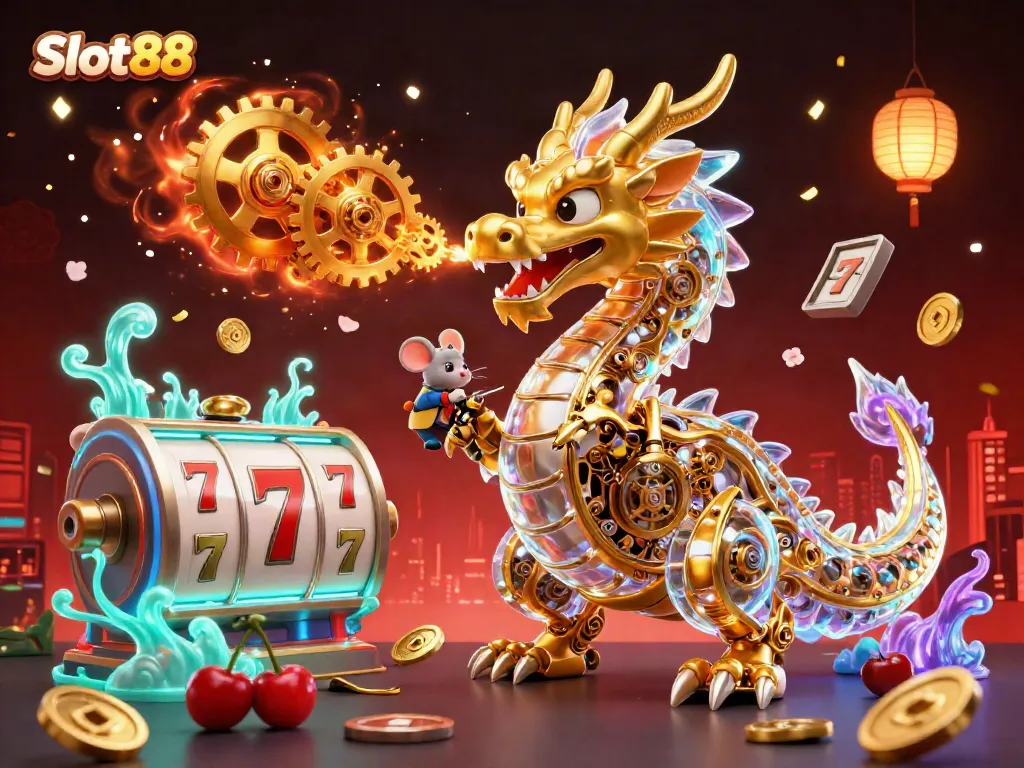 Engage with Slot88's thrilling slot experience featuring a golden dragon amidst dazzling game elements.