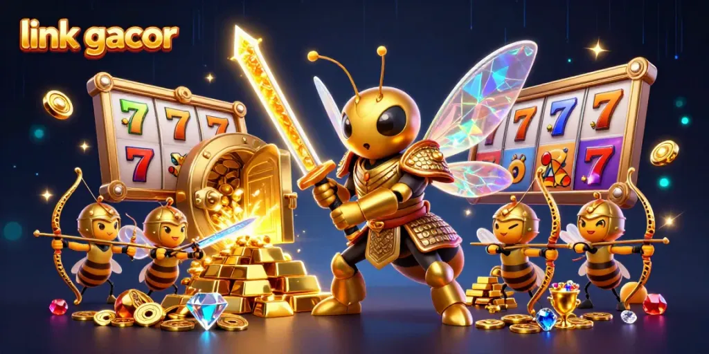 Experience thrilling wins with link gacor in a vibrant 3D scene featuring a golden hornet and slot elements.