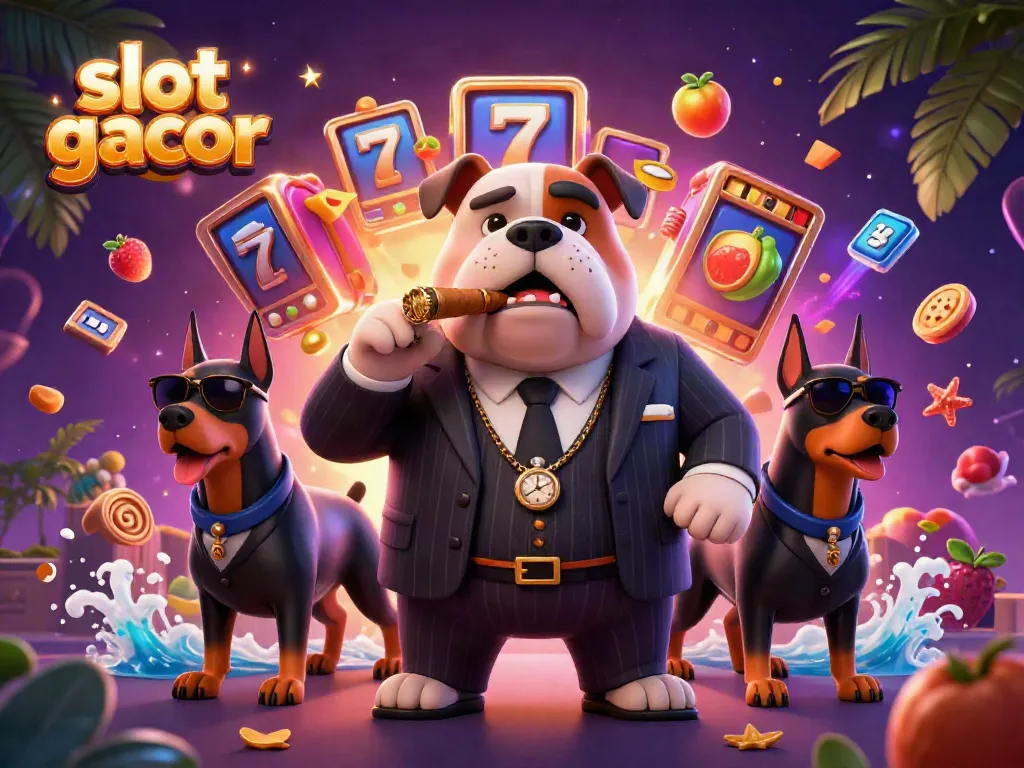 Experience the excitement of slot gacor with a mafia-themed 3D illustration showcasing vibrant game elements.