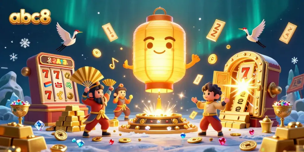 Experience the thrill at abc8 casino with a vibrant 3D illustration of lucky spirits and treasures.