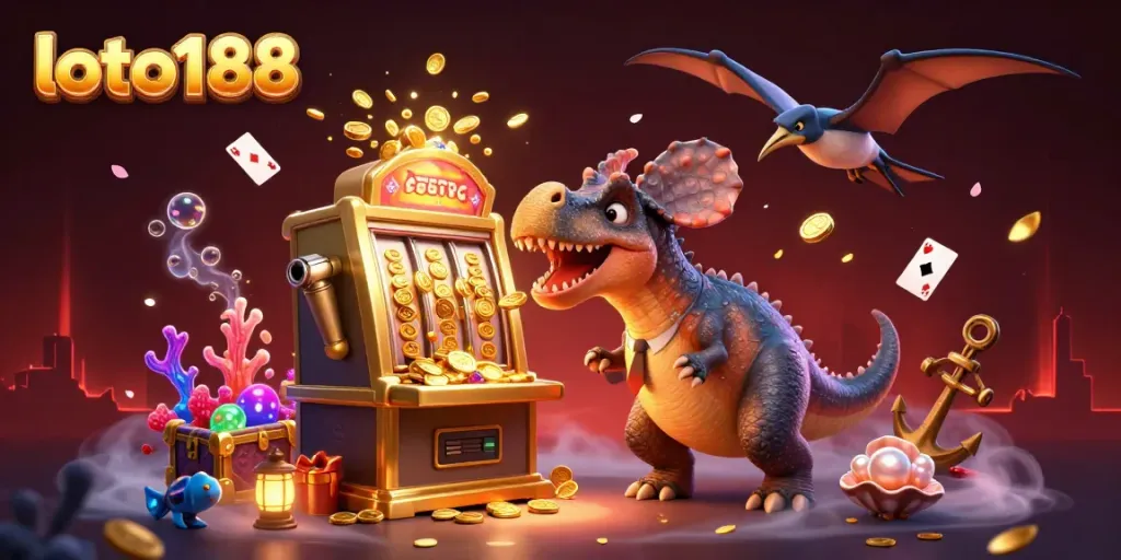 Experience the excitement of loto188 with a colorful 3D illustration capturing a dynamic casino scene.