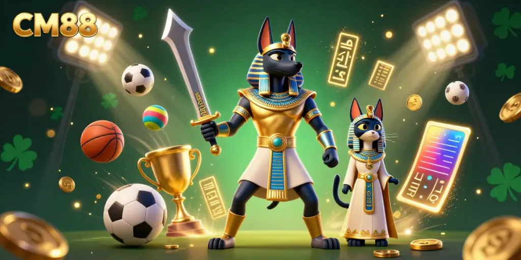 Experience thrilling moments at CM88 with a vibrant 3D illustration of Anubis and Bastet amidst interactive sports elements.