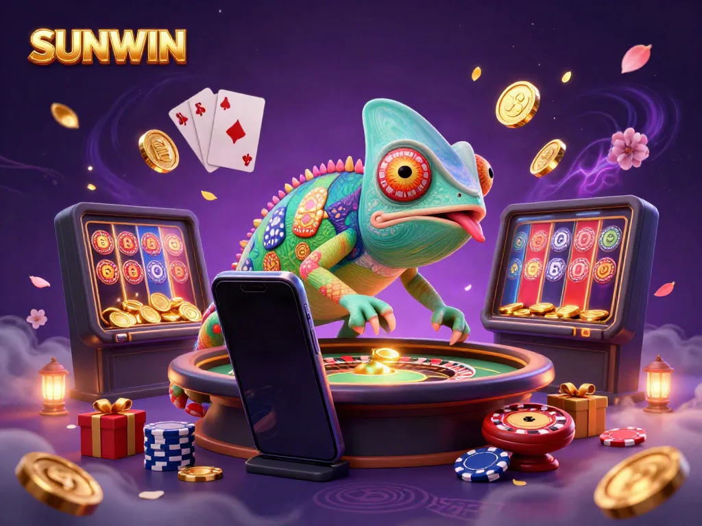 Experience thrilling gaming at SUNWIN with a vibrant chameleon casino owner and dynamic game elements.
