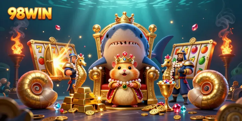 Engage in the thrilling world of 98WIN as a golden hamster king claims his treasure amidst stunning casino elements.