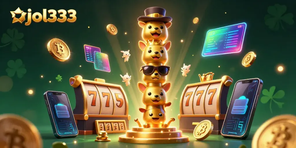Engage in thrilling casino action with ojol333's vibrant illustrated scene showcasing slot reels and a golden totem.