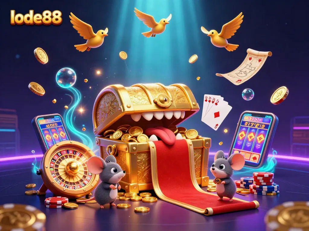 Experience thrilling action at lode88 with adventurous mice lured by treasures in a vibrant casino scene