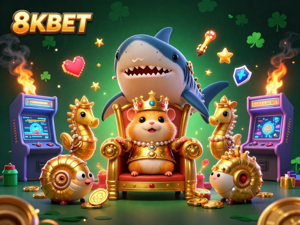 Engage with the vibrant 8KBET gaming world, featuring a majestic hamster king and dynamic casino elements.