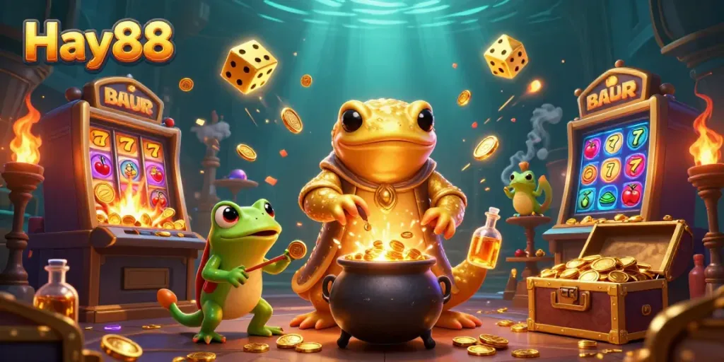 Engage with Hay88's vibrant casino environment, showcasing an enchanting alchemist and golden treasures.