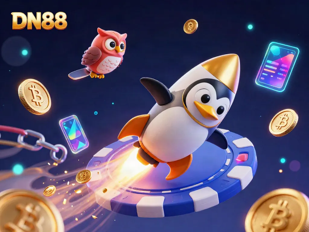 Experience the thrill of DN88 with a golden penguin racing through space, showcasing vibrant casino elements.
