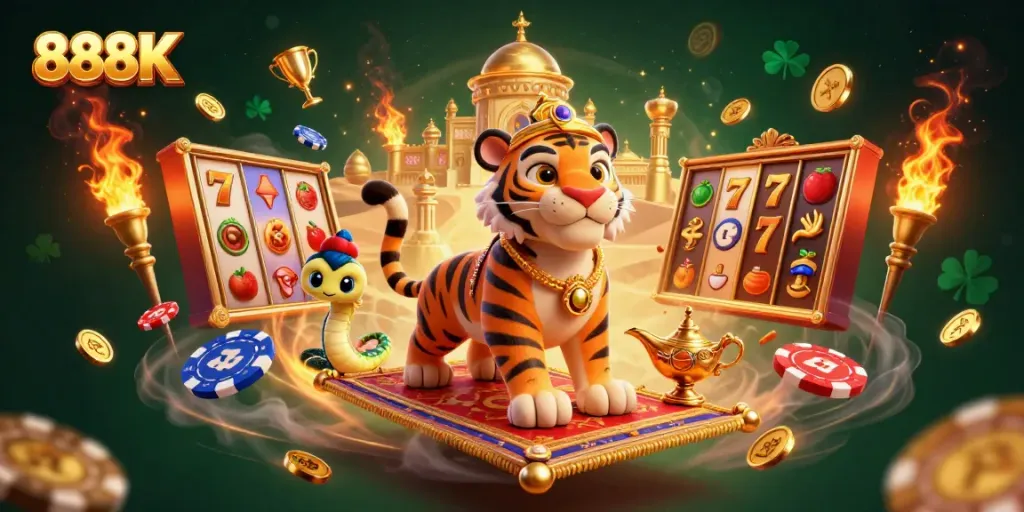 Engage in thrilling slots with 888K, featuring a tiger sultan and vibrant jackpot elements.
