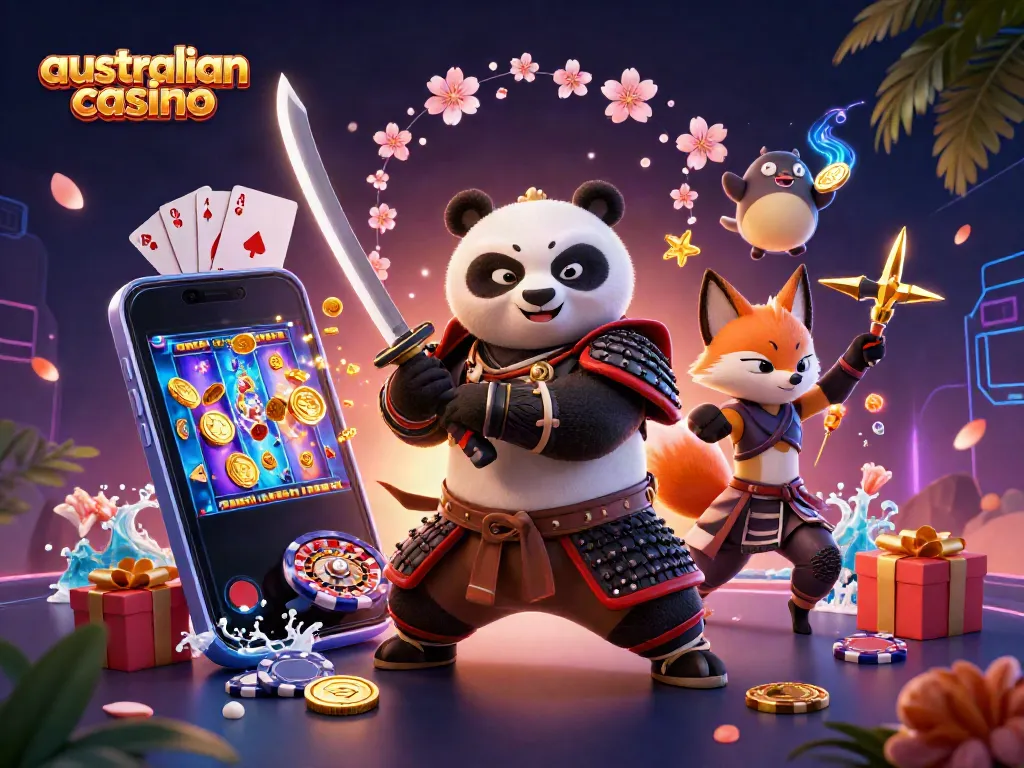 Engage with vibrant Australian casino gaming experience featuring samurai panda and dynamic elements.