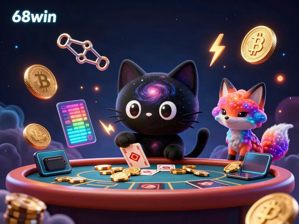 Join the excitement at 68win with a cosmic cat and nebula fox amidst a vibrant casino table.
