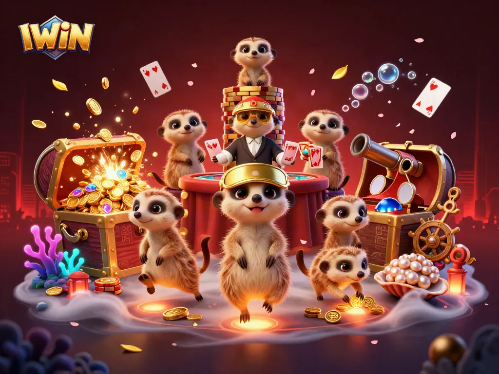 IWIN meerkats engaging in a lively casino scene filled with gold coins and dynamic game elements
