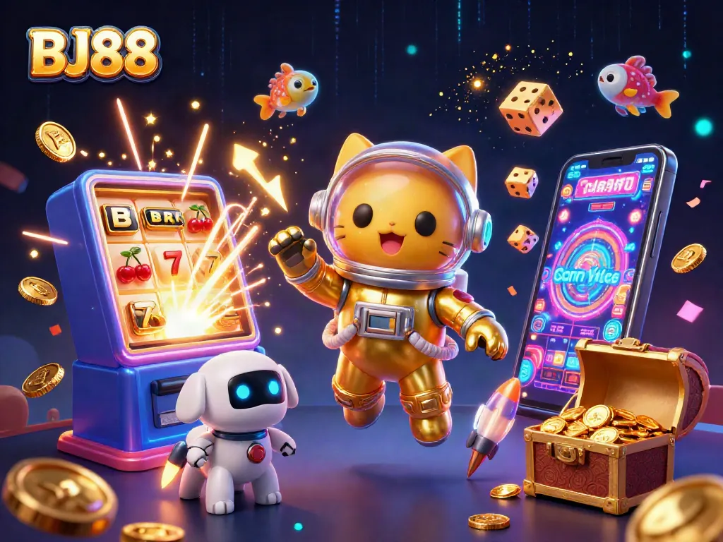 BJ88 captivates with a vibrant 3D illustration featuring a space astronaut cat, a robot dog, and dynamic casino elements.