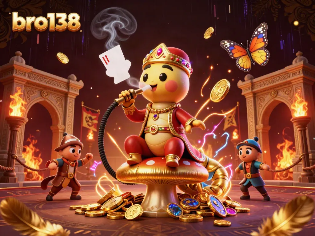 Engaging bro138 gaming scene with a vibrant caterpillar, casino elements, and golden coins.