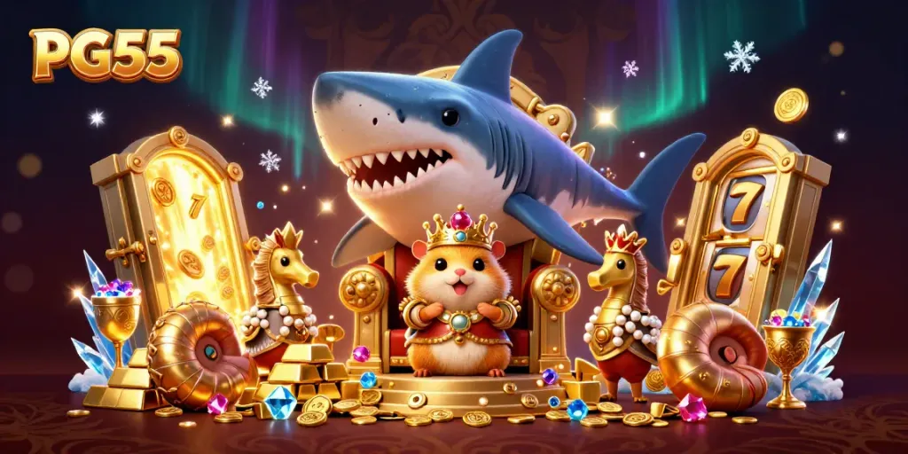 Experience winning moments with PG55 Casino's vibrant, treasure-filled 3D scene.
