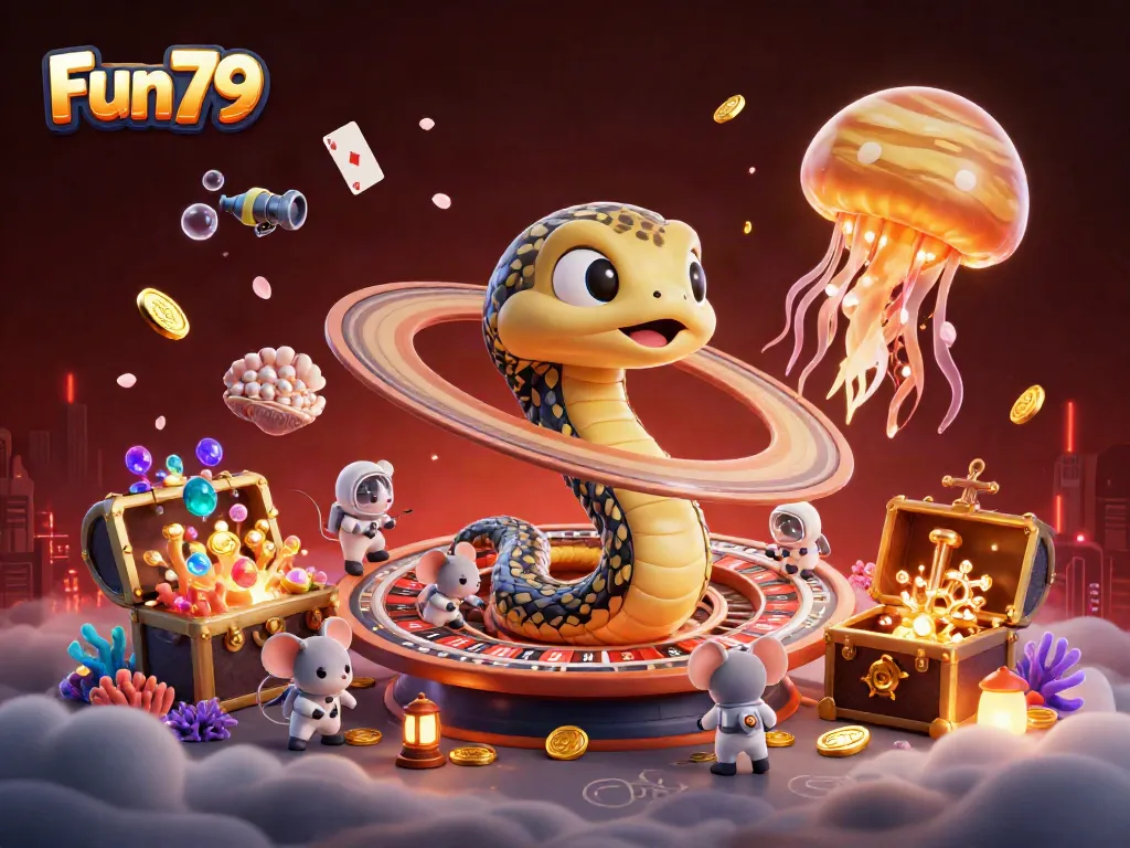 Explore Fun79's cosmic roulette with mice betting on Saturn's rings and a jellyfish dealer.