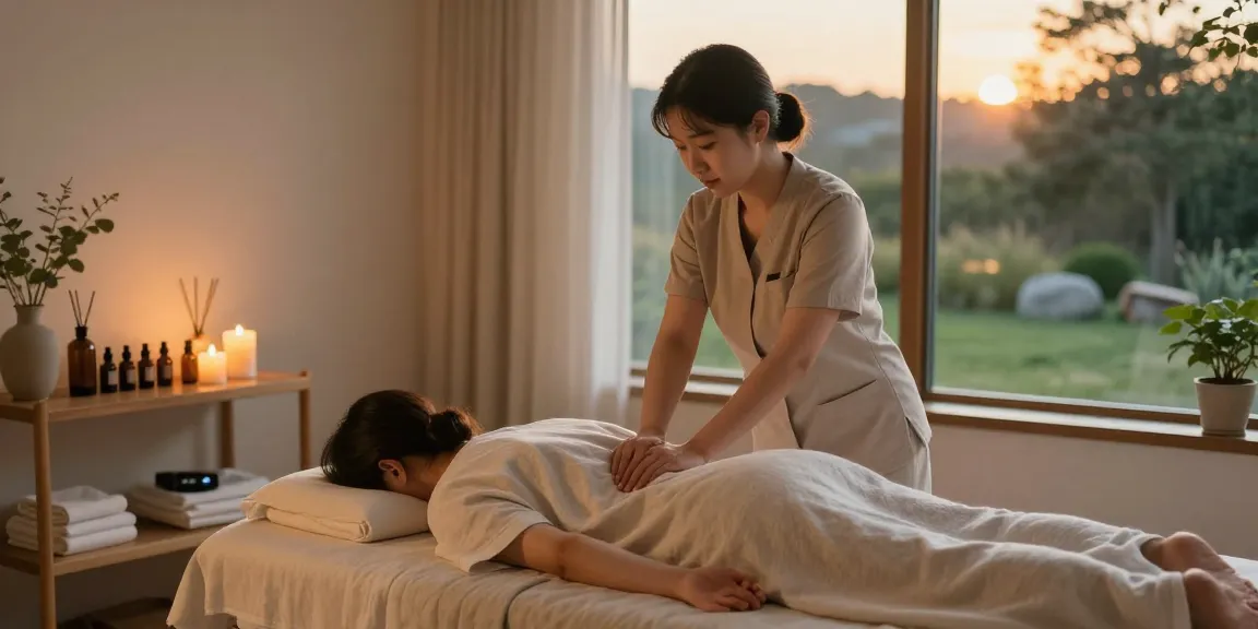 Massage therapist providing a relaxing treatment during 강동구출장안마 at a tranquil wellness center.