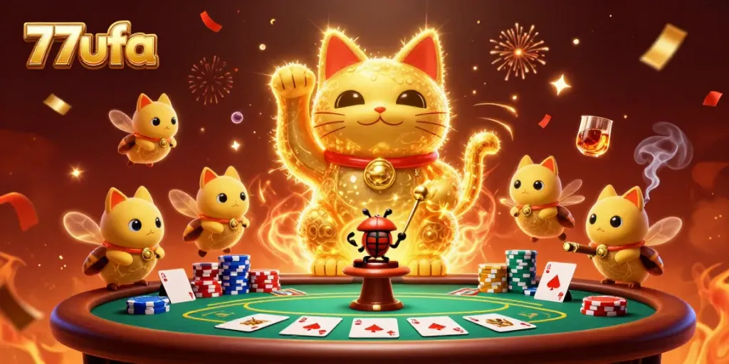 Experience the energy of 77ufa's lively gaming scene with animated lucky cat and poker elements.