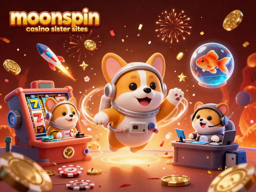 Play exciting games at moonspin casino sister sites with floating corgis, coins, and festive elements.