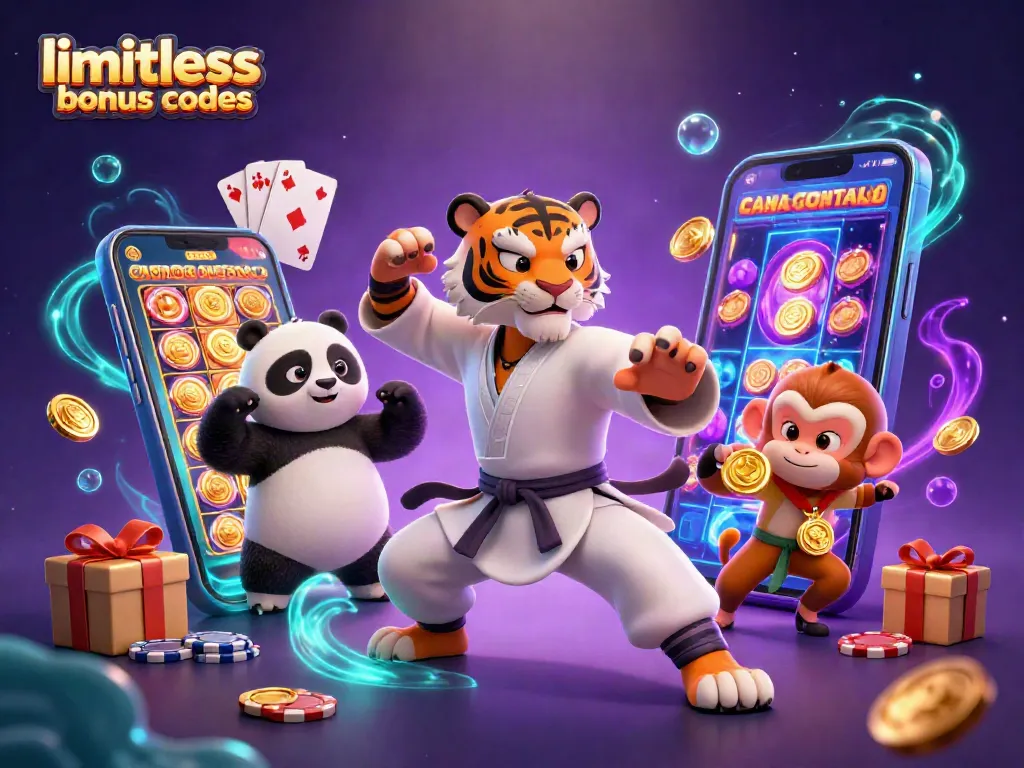 Engage with limitless casino bonus codes while enjoying a vibrant 3D illustration of a kung fu tiger, panda disciple, and playful monkey.
