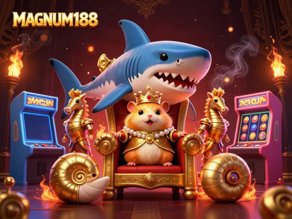 Experience thrilling gameplay with MAGNUM188 featuring a golden hamster king and casino-themed elements.