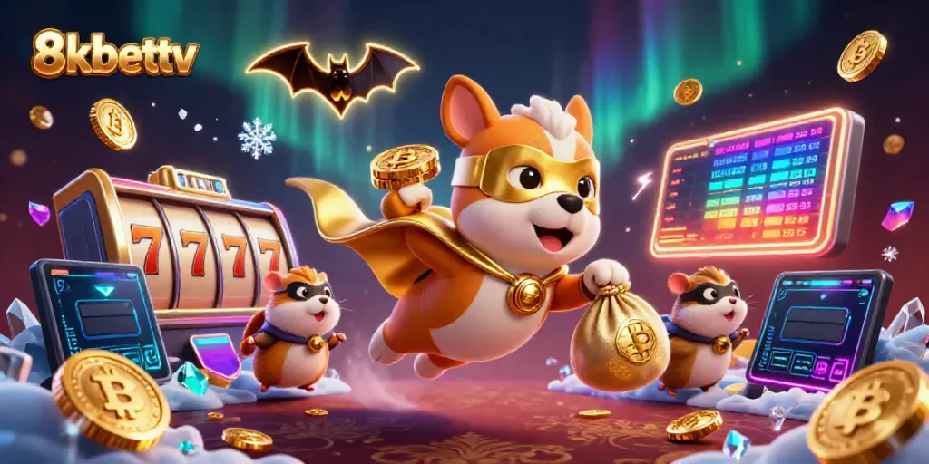 Play and win at 8kbettv with gold coins, jackpots, and festive characters in a vibrant casino world.