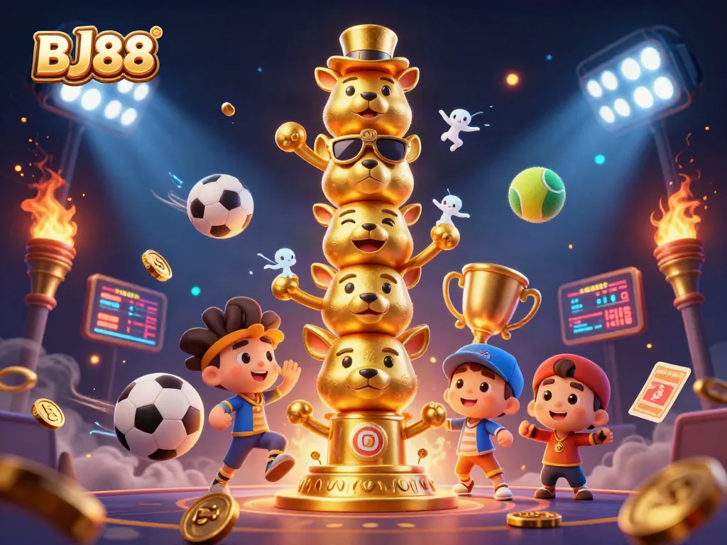 Engage in the thrilling world of BJ88 with vibrant casino elements, featuring dynamic sports scenes.