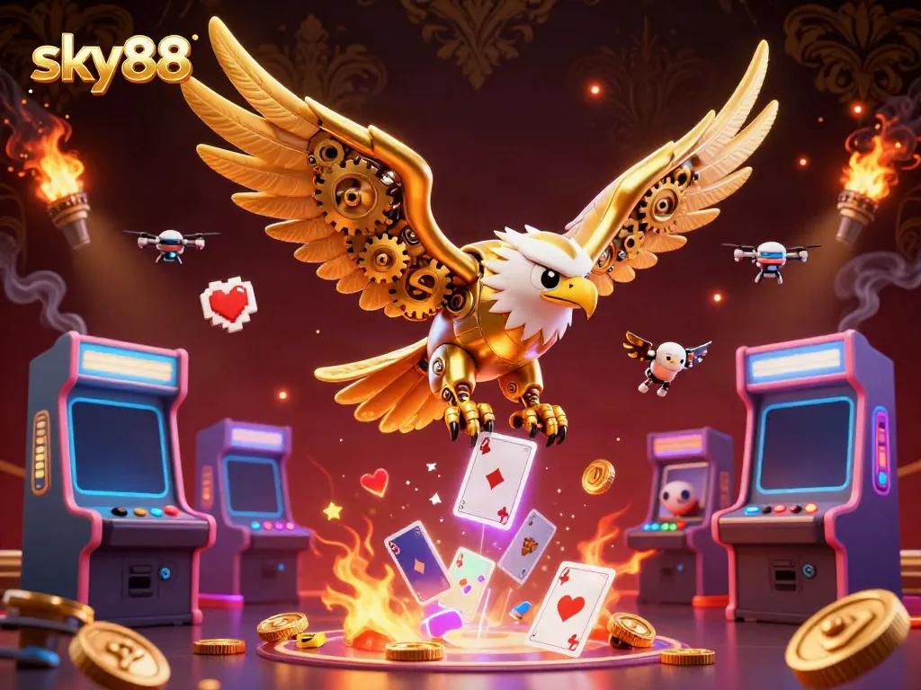 Experience thrilling 3D casino action with sky88 as a golden eagle dives through holographic playing cards.