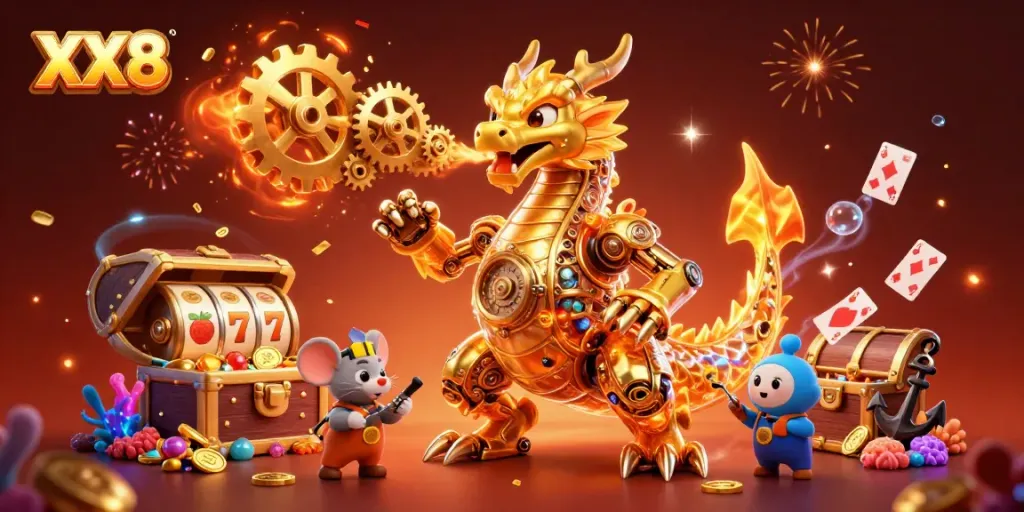 Witness the majestic XX8 golden dragon amidst vibrant slot gaming elements and treasure in this dynamic illustration.