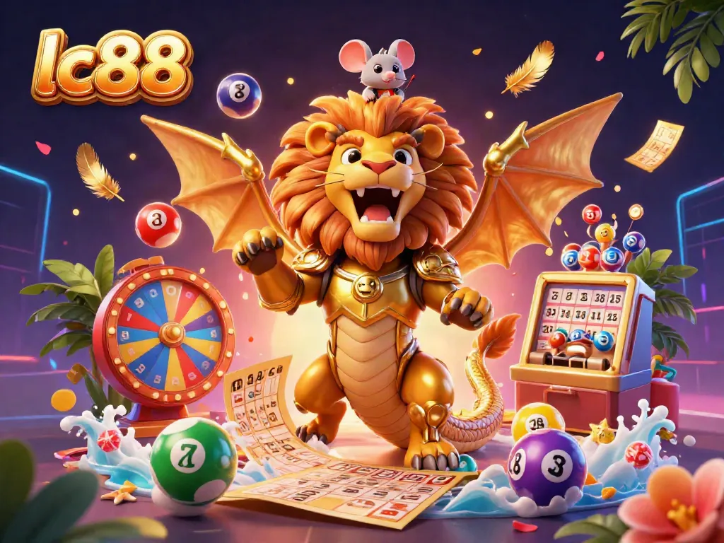 Win big at lc88 with an action-packed scene featuring a golden armor chimera, lottery elements, and festive gaming excitement.