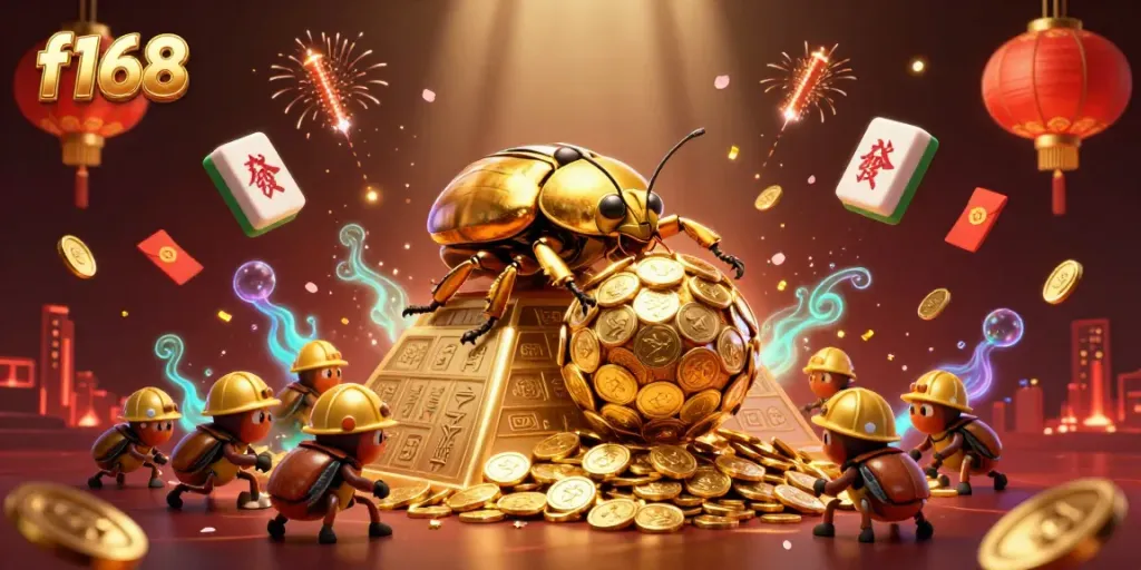 Engage in the vibrant casino action with f168 as golden beetles roll coins amidst floating game symbols and festive lights.