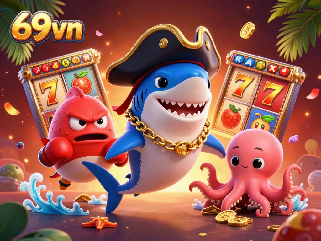 Engage in exciting gameplay at 69vn with vibrant characters and slot reels, enhancing your casino experience.