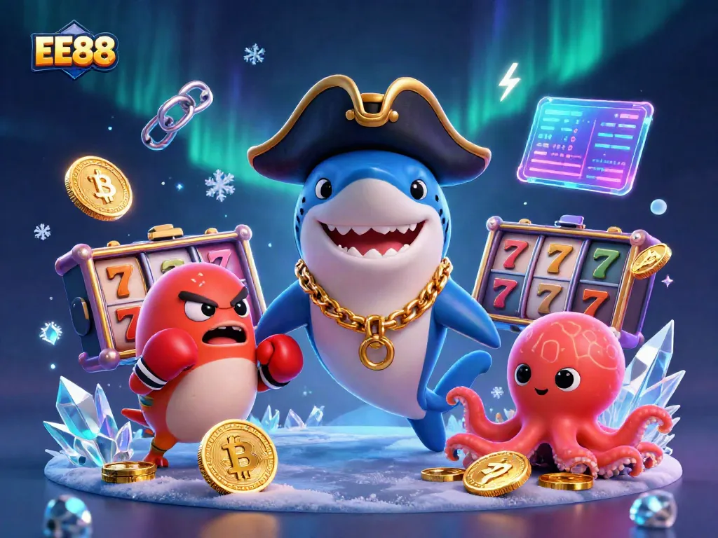 Engaging EE88 scene with a pirate shark, pufferfish, and octopus showcasing vibrant slot games and crypto coins.