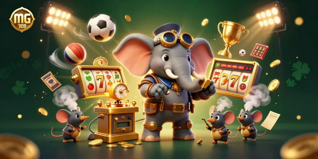 Menghadirkan aksi taruhan di mg 108 dengan elemen mesin slot emas dan karakter kartun steampunk di bawah cahaya bokeh.