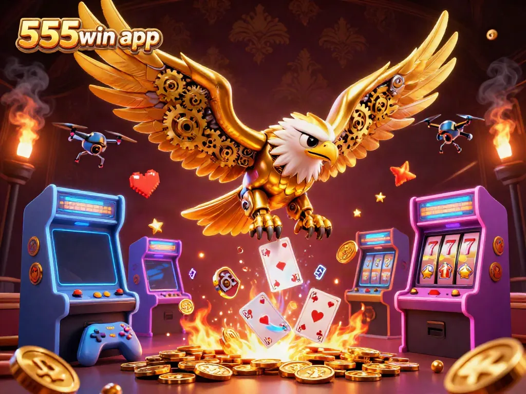 Engage with the 555win app through a vibrant 3D casino illustration featuring a golden eagle surrounded by exciting game elements.