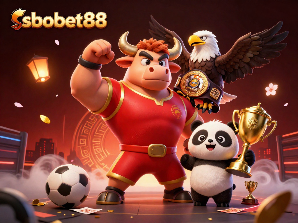 Engage with sbobet88 as a bull mascot celebrates victory alongside an eagle and panda in a dynamic sports-themed scene.