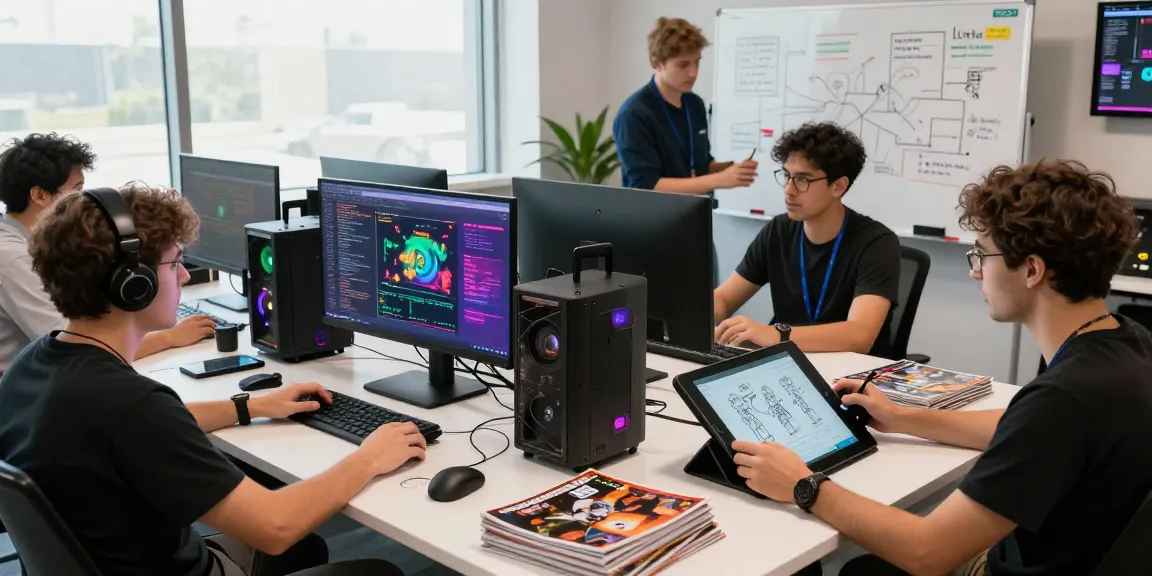 An engaging workspace scene showing the go8 team developing an innovative game collaboratively, with vibrant graphics and brainstorming activities.