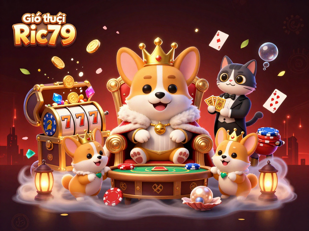 Engage with Giới thiệu Ric79 as a royal corgi in a vibrant casino scene filled with dynamic gaming elements.