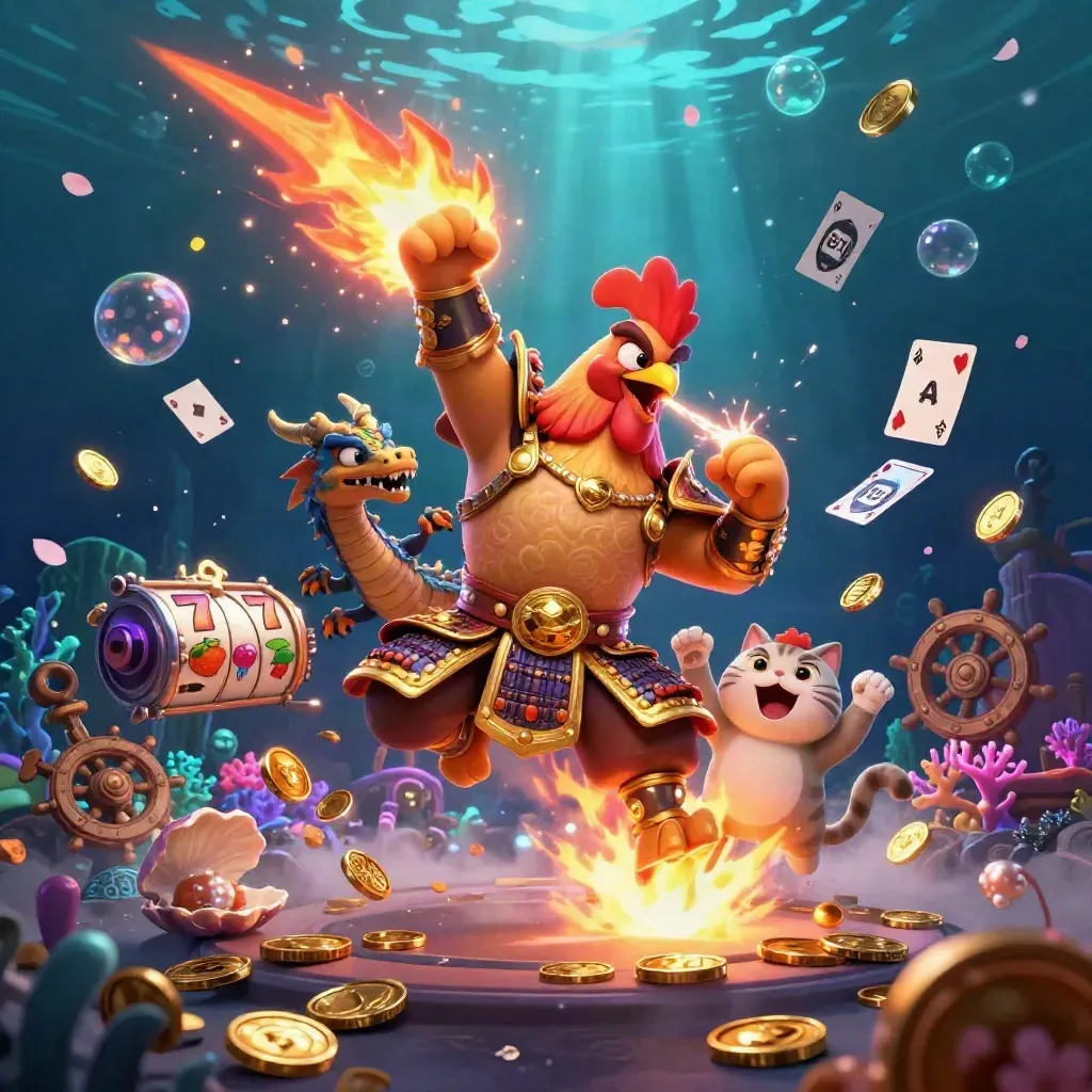 Rooster samurai, dragon hatchling, and fortune-cat in a glowing underwater treasure cove