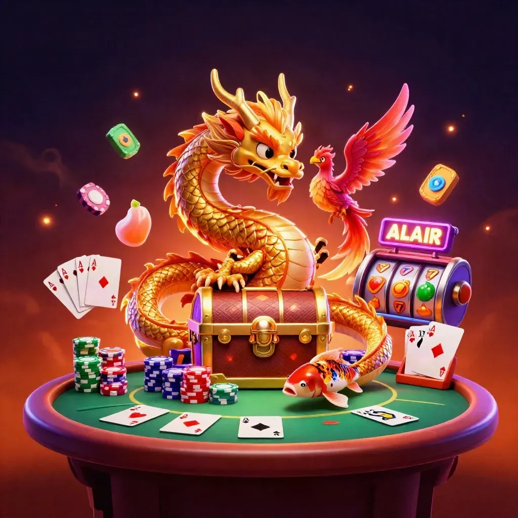 Golden dragon, red phoenix, and koi explode through casino treasure in neon light.