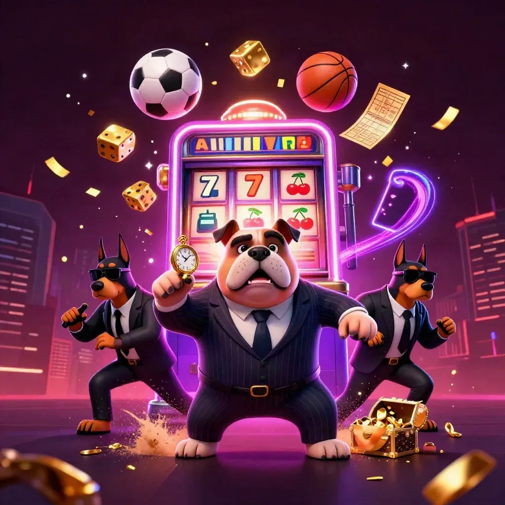 Mobster bulldog and Dobermans amid slot bursts, sports balls, and gold on a neon casino backdrop.