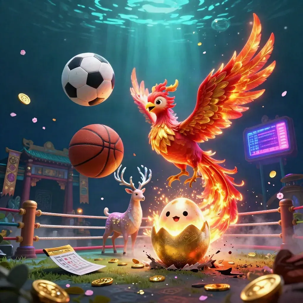 Fire phoenix, baby phoenix egg, crystal stag and sports gear erupt in a neon fantasy arena.