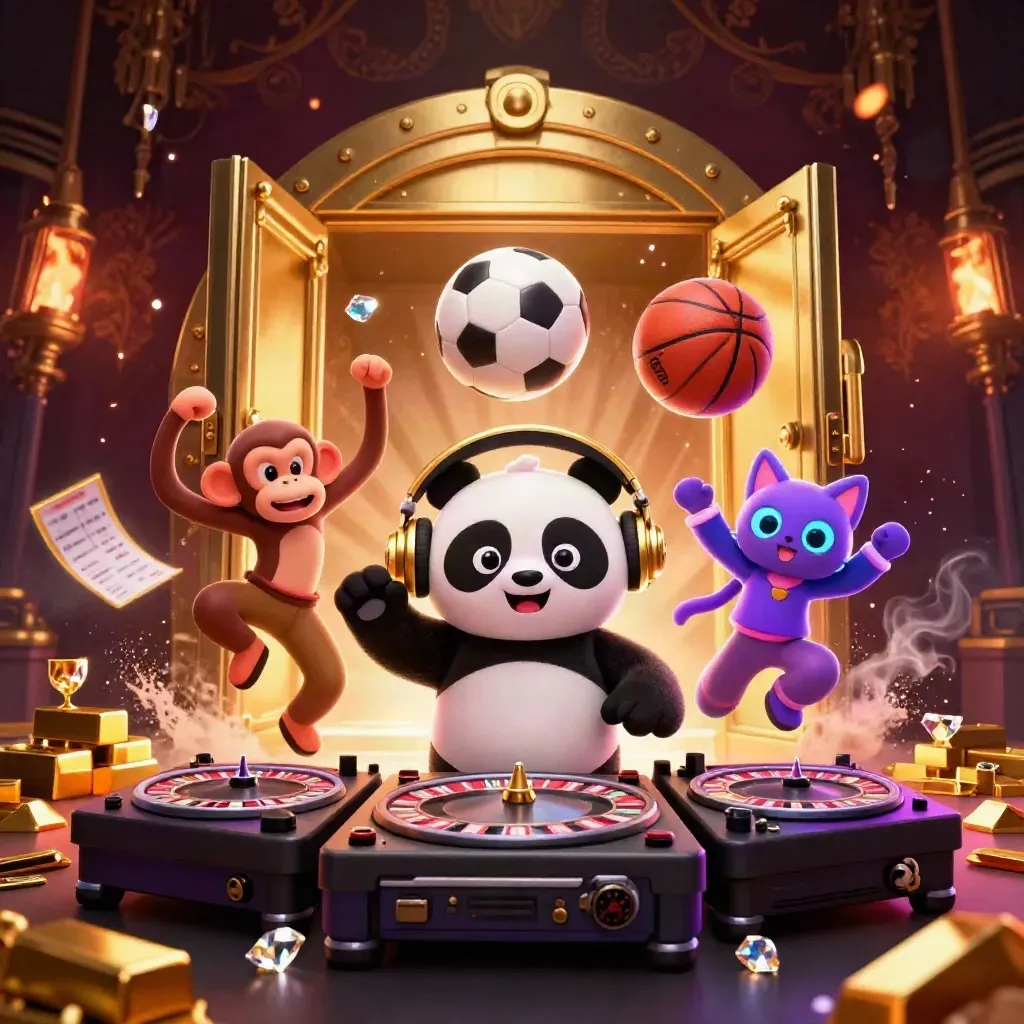 DJ panda, breakdancing monkey, and glow-stick kitten amid vault gold, balls, sparks, and casino lights