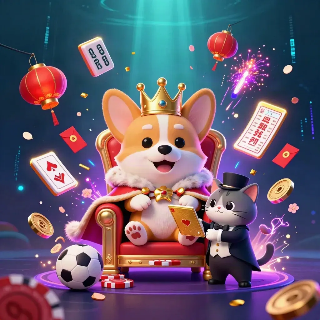 Royal corgi and cat butler amid casino charms, coins, lanterns and neon energy over a dark teal glow