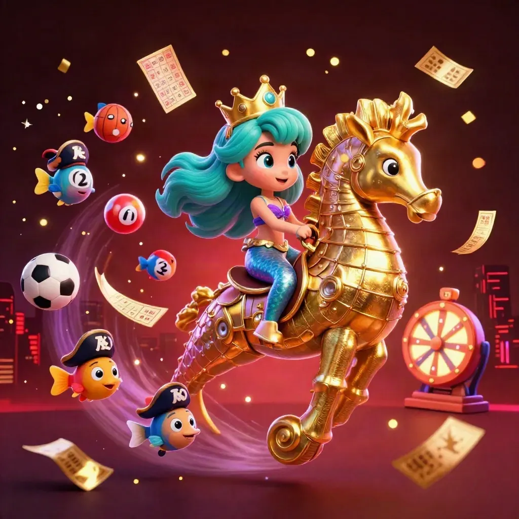 Mermaid princess on a golden seahorse amid casino odds, lottery balls, and glowing confetti.