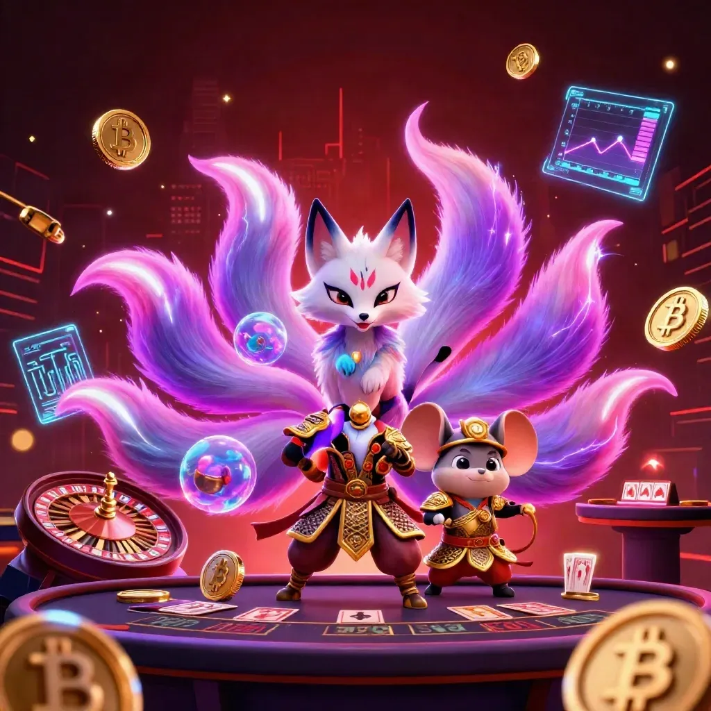 Neon fox spirit and armored mouse amid casino-tech glow, coins, lightning, and red skyline