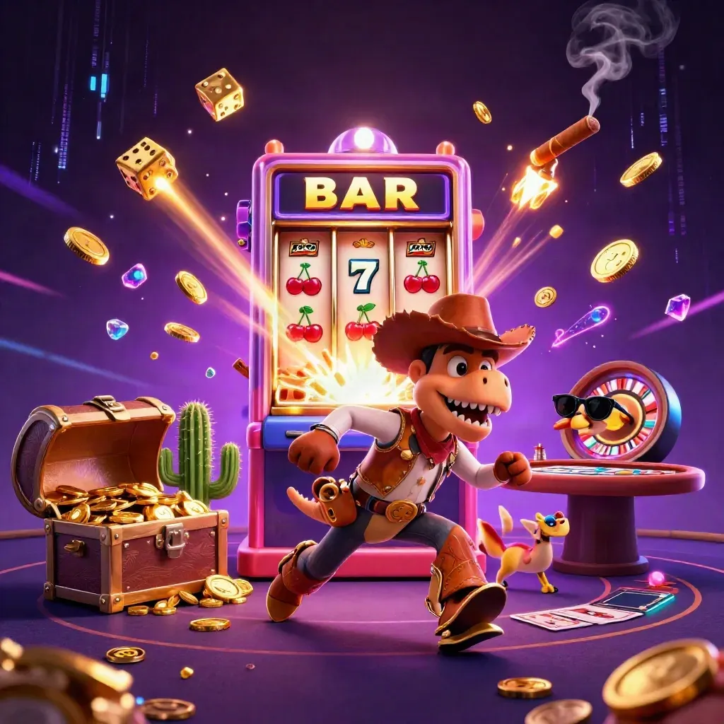 Cowboy T-Rex, cactus sidekick and roadrunner burst around a neon jackpot slot machine.