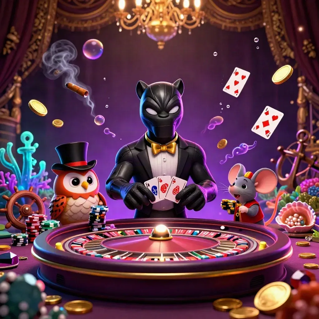 Panther, owl, and mouse gambling in a luxe underwater casino with gold, coral, and chandelier glow.